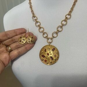 Gold tone and garnet like stone Pendant Necklace and Earring Set